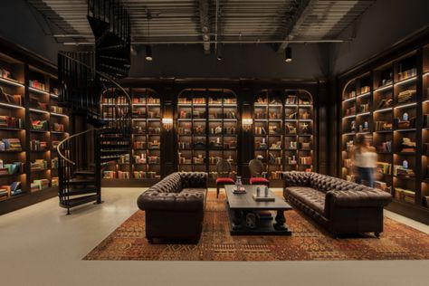 Home Library Glass Wall, Wine Library Design, Luxury Library Room, Gentleman Room, Basement Library, Luxury Home Library, Gentlemans Room, Brick Bathroom, Ada Bathroom