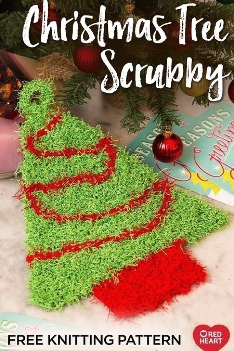 Pot Scrubbies, Christmas Tree Knitting Pattern, Scrubby Yarn Crochet, Scrubbies Crochet, Free Knit Pattern, Scrubbies Crochet Pattern, Heart Christmas Tree, Knitted Dishcloths, Slip Stitches