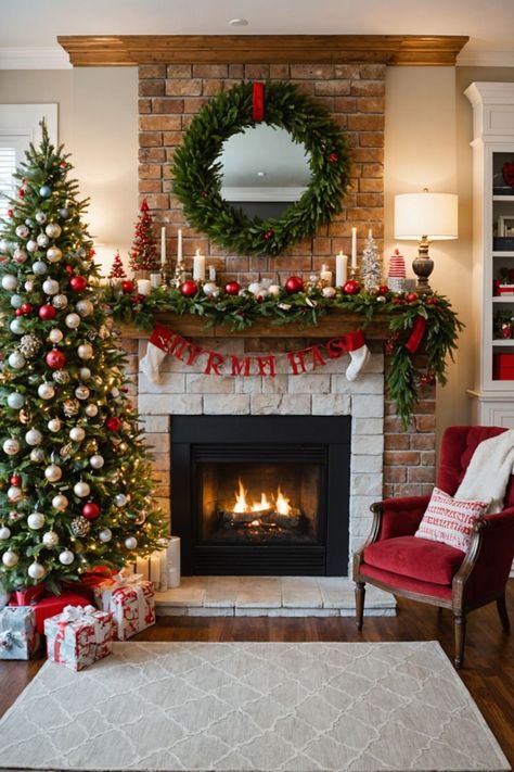 Incorporate fresh greenery like pine branches, holly, and eucalyptus. Use them to create garlands, centerpieces, or wreaths. Add pinecones, berries, and even citrus slices for a pop of color and fragrance. Christmas Garland On Table, Xmas Chimney Decor, Red Christmas Decor Ideas For Living Room, Cosy Christmas Living Room, Cozy Christmas Home Decor, Fireplace Ideas Christmas, Christmas House Interior, Christmas Fireplace Ideas, Holiday Mantel Decorating Ideas