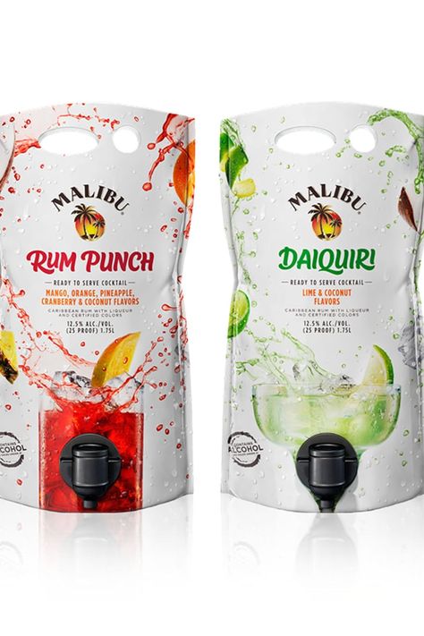 Malibu Is Selling Premixed Cocktail Pouches, and I Can Definitely Drink to That Cocktails To Go Packaging, Drink Business Ideas, Pouch Cocktails, Cocktail Pouches, Cocktails Packaging, Cocktail Branding, Cocktail Packaging, Premixed Cocktails, Cocktails In A Can