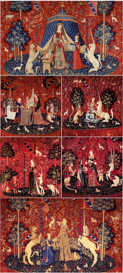 Unicorn Tiles from Tapestries: Hunt for the Unicorn, Lady and the Unicorn Lady And The Unicorn Tapestry, The Lady And The Unicorn Tapestries, Ancient Unicorn, Medieval Wallpaper, Medieval Unicorn, The Lady And The Unicorn, Lady And The Unicorn, Hardwick Hall, Historical Textiles