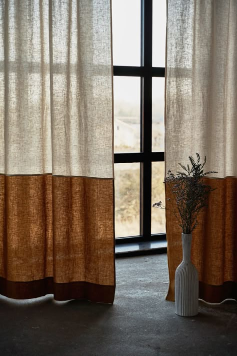 Curtain Ideas that Will Upscale Every Room| The Gem Picker Rust Linen Curtains, Curtains And Curtain Rods, 2 Color Curtain Ideas, Earth Tone Curtains, Linen Curtains Living Room, Bedroom Curtains Ideas, Closet Curtain, Color Block Curtains, Mid Century Curtains