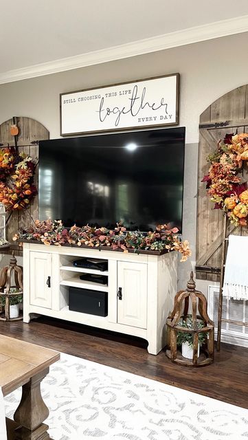 Farmhouse Entertainment Center Ideas, Entertainment Center Fall Decor, Fall Entertainment Center Decor, Farmhouse Entertainment Center, Home Entertainment Centers, Eucalyptus Garland, Instagram Autumn, Fixer Upper Style, Fall Garland