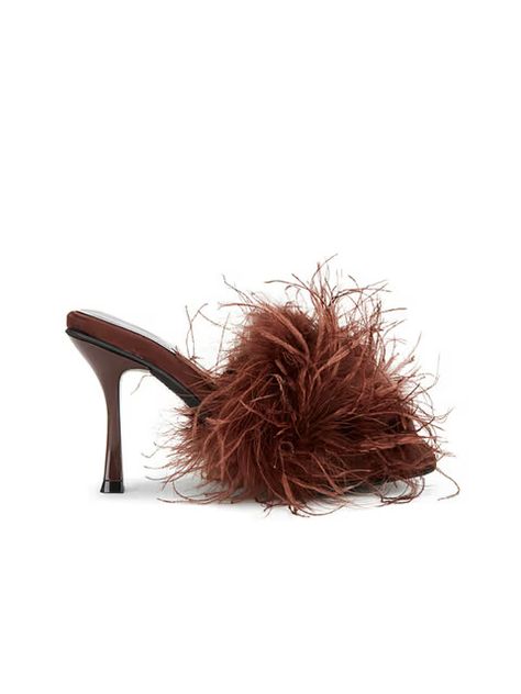 Christmas Dinner Outfit, Jeffrey Campbell Sandals, Feather Sandals, Brown Sandals Heels, Feather Heels, Beige Sandals, Mule Heels, Fur Shoes, Brown Leather Heels