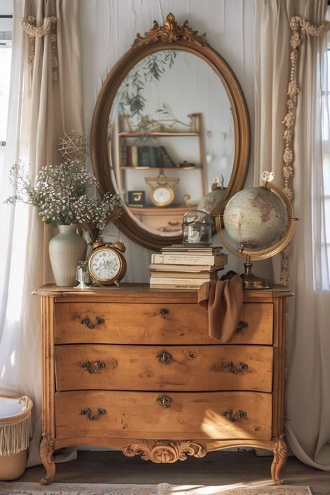 29 Boho Bedroom Dresser Decor Ideas 2 Vintage House Decor Aesthetic, Antique Style Home Decor, Thrifted Home Decor Inspiration, Boho Aesthetic House, Antique Bedroom Aesthetic, Antique Dresser Bedroom Decor, Thrifted Bedroom Aesthetic, Vintage Aesthetic Home Decor, Vintage Master Bedrooms Decor