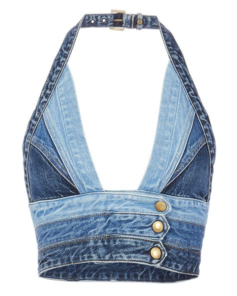 This denim halter top features a plunging neckline and triple snap buttons at its cropped waist. Buckle closure at back neck. Gold-tone hardware. Topstitched details. In blue denim. Denim Halter Top, Tie Halter Top, Blue Halter Top, Top Jean, Mode Hippie, Halter Neck Crop Top, Denim Outfits, Denim Crop Top, Top Halter