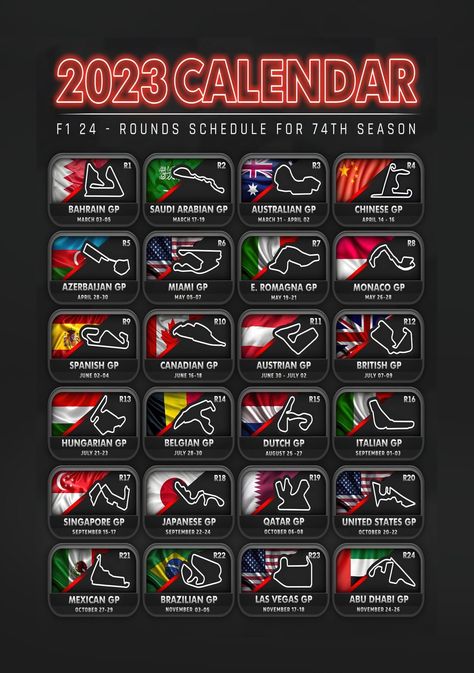 F1 Calendar, F1 2024, Race Car Driving, Calendar 2023, 2024 Calendar, Race Track, R5, Race Car, Formula One