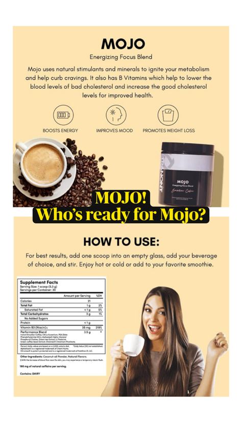 MOJO!  😍 The mojo comes in coffee or chocolate. It’s a nootropic energy drink that releases natural caffeine slowly throughout the day so no jitters or crash. It gives you amazing all day energy, mental clarity, burns fat and curbs hunger. It also increases serotonin levels in the brain to make you feel happy! Who’s ready for some MOJO? http://www.tranont.com/MelodyPrater Tranont Mojo Coffee, Increase Serotonin, Strengthen Teeth, Natural Caffeine, How To Prevent Cavities, Mental Clarity, Teeth Cleaning, Oral Care, Cavities