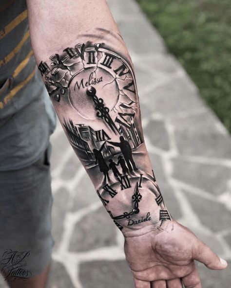 225+ Clock Tattoos Ideas and Designs (2023) - TattoosBoyGirl Family Tattoos For Men, Father Tattoos, Lion Tattoo Sleeves, Wolf Tattoo Sleeve, Family Tattoo Designs, Realistic Tattoo Sleeve, Clock Tattoo Design, Cool Arm Tattoos, Forearm Sleeve Tattoos