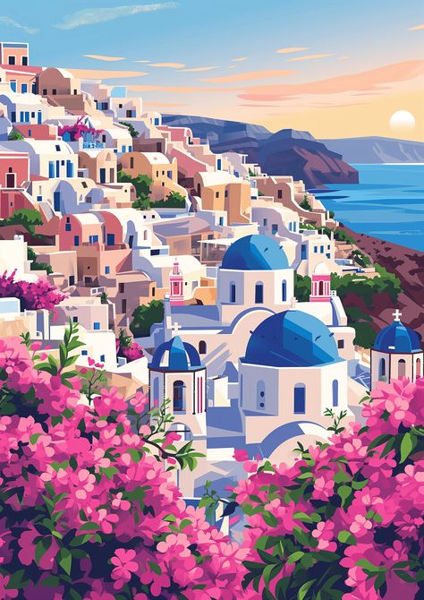 🎨✨Travel Wall Art with Midjourney Prompts - Go to the Link in my Bio🎉🔗 Santorini Illustration, Greece Painting, Ipad Painting, Italy Art Print, Iphone Wallpaper Landscape, Building Drawing, Artistic Pictures, Art Deco Posters, Iphone Wallpaper Photos