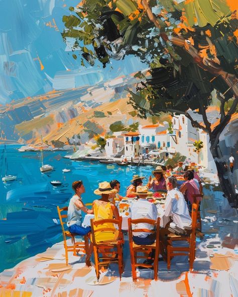 Abstract Friendship Painting, Friendship Paintings, Mediterranean Lunch, Greek Artwork, Mediterranean Paintings, Fruit Art Drawings, Seaside Paintings, Colorful Landscape Paintings, Friends Enjoying