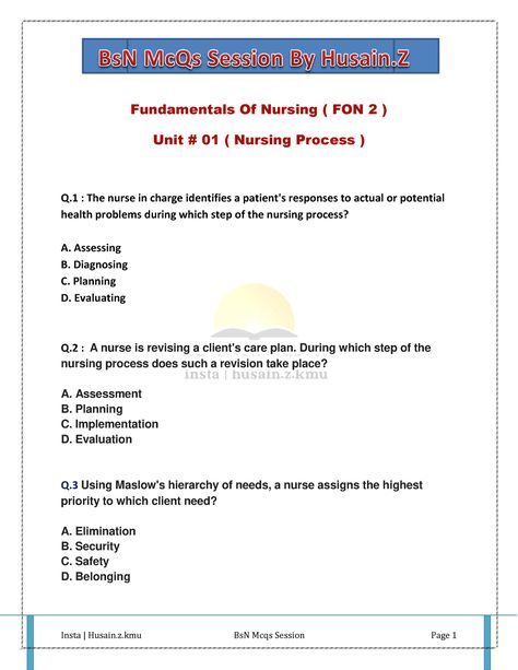 FON chapter wise mcqs by Husain.Z - Fundamentals Of Nursing ( FON 2 ) Unit # 01 ( Nursing Process ) - Studocu Fundamental Of Nursing, Middle Adulthood, Lung Sounds, Unit 01, Record Chart, Rating Scale, Nursing Diagnosis, Nursing Process, Bone Fracture