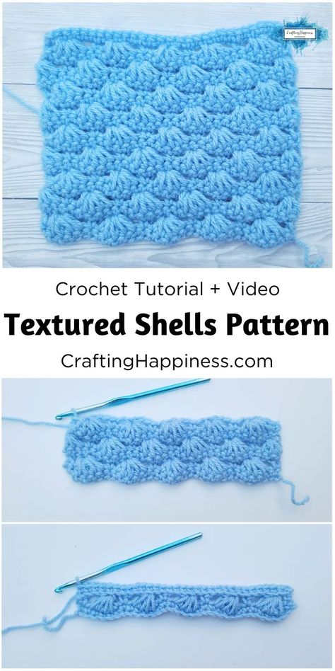 Learn how to crochet the Textured Shells Pattern for beginners. Easy step-by-step tutorial & video from Crafting Happiness. Shell Crochet Stitch, Angel Baby Blanket, Shell Crochet, V Stitch Crochet, Crochet Stitches For Blankets, Shell Stitch, Crochet Stitches Video, Learn How To Crochet, Easy Stitch