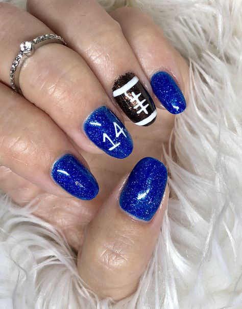 Royal Blue Football Nails, Blue And White Football Nails, Football Nails Design With Number, Football Acrylic Nails, School Spirit Nails Designs, Blue Football Nails, Football Nail Designs School Colors, Cheer Nails Designs, Football Nails Acrylic