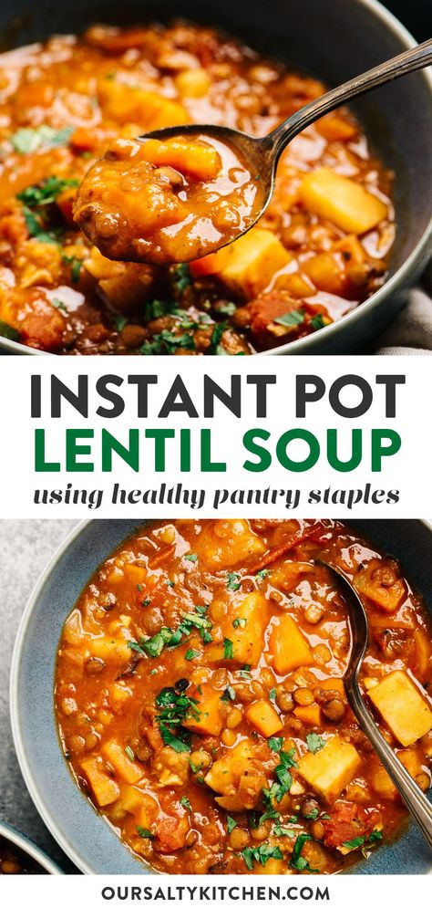 For a cheap but crave-worthy recipe, look no further than Instant Pot Lentil Soup. It's made with humble pantry ingredients, like green lentils, carrots, potatoes, and canned tomatoes. Making this soup in your pressure cooker results in the most creamy and tender lentils possible. This soup is naturally vegan and gluten free, and perfect for batch cooking, meal prep, or a freezer stash. Instant Pot Lentil Soup, Healthy Pantry, Carrots Potatoes, Vegan Lentil Soup, Canned Tomatoes, Pantry Ingredients, Soup Vegan, Recipes Book, Instant Pot Soup