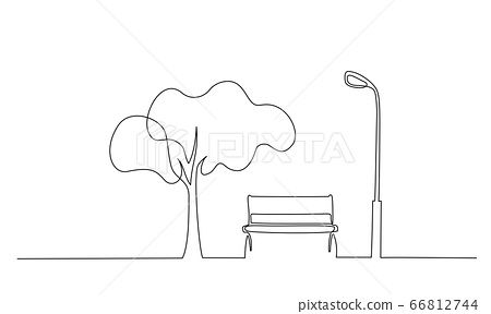 Bench in park near tree and lantern. One line drawing Park Bench Tattoo, Bench Drawing Simple, One Line Tree, Park Bench Drawing, Bench Tattoo, Bench In Park, Tree Line Drawing, Bench Drawing, Lamp Tattoo