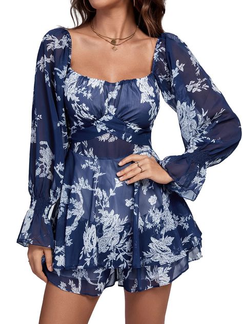 PRICES MAY VARY. Floral printed, long sleeve, v neck, ruffle hem, soft fabric, zip up shorts jumpsuit romper for women and girls.. Elastic ruffle cuffs and V neckline, can be worn as off shoulder or scoop neck. Self tie back design for tightness adjustment and bow knot as decoration, shows the body curve very well! The boho ruffle long sleeve shorts romper for spring and fall pair with sneakers or heels for the fashion look. Off the shoulder ruffle tie back shorts jumpsuit suit for club, party, Spring Jumpsuits, Shorts Jumpsuit, Off Shoulder Romper, Flowy Mini Dress, Floral Print Rompers, Ruffle Long Sleeve, Neck Ruffle, Short Jumpsuit, Short Rompers