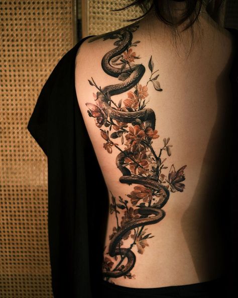 Tattooist_Ati on Instagram: “Snake x blossom ✨ . . #atitattoo #tattooistati” Snake Branch Tattoo, Snake Tree Tattoo, Snake Cherry Blossom Tattoo, Snake And Cherry Blossom Tattoo, Back Snake Tattoo Women, Snake Shoulder Tattoo, Garden Of Eden Tattoo, Tree Tattoo Arm, Blossom Tree Tattoo