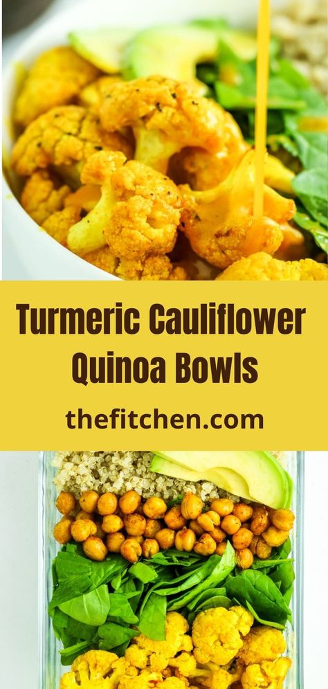 Turmeric Cauliflower Quinoa Bowls Cauliflower Greens, Quinoa Meal Prep, Cauliflower Quinoa, Turmeric Cauliflower, Homemade Vinaigrette, Quinoa Bowls, Crunchy Chickpeas, Quinoa Bowl, Meal Prep Bowls