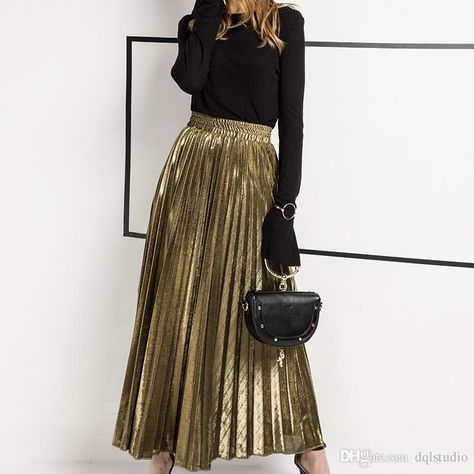 Fashion Gold Skirts Elastic Waist Silver Long 2017 Spring Summer Dresses Pleated Skirts Top Quality Cheap Beach Dress High Waist Skirts Long Skirts Summer Dresses Online with $39.0/Piece on Dqlstudio's Store | DHgate.com Long Gold Skirt, Gold Skirts, Gold Pleated Skirt, Metallic Midi Skirt, Shiny Skirts, Long Midi Skirt, Gonna In Tulle, Tea Length Skirt, Long Skirt Summer