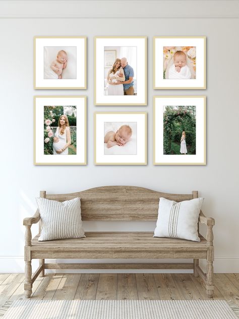 Playroom Photo Display, Gallery Wall Ideas With Family Pictures, Newborn Photo Collage Wall, Family Pictures Over Couch, 6 Photos On Wall, Newborn Picture Display Wall Art, Maternity Photo Wall Display, Family Picture Display Ideas Living Room, Family Portraits In Living Room