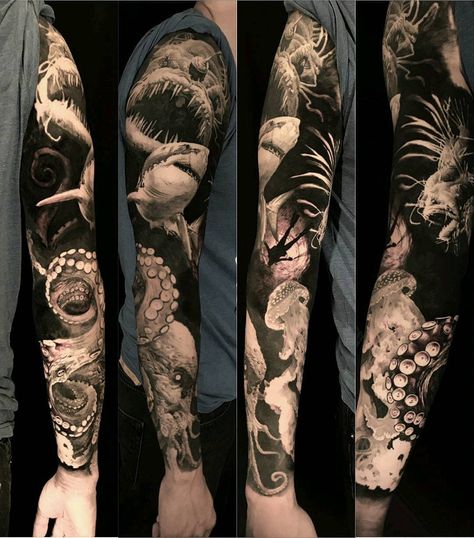 Sea Sleeve Tattoo Men, Deep Sea Sleeve Tattoo, Sea Creature Leg Sleeve, Black And Grey Underwater Tattoo, Shark And Octopus Tattoo, Scary Ocean Tattoo, Sea Life Tattoos Men, Deep Sea Tattoo Sleeve, Ocean Tattoos Leg Sleeve For Women