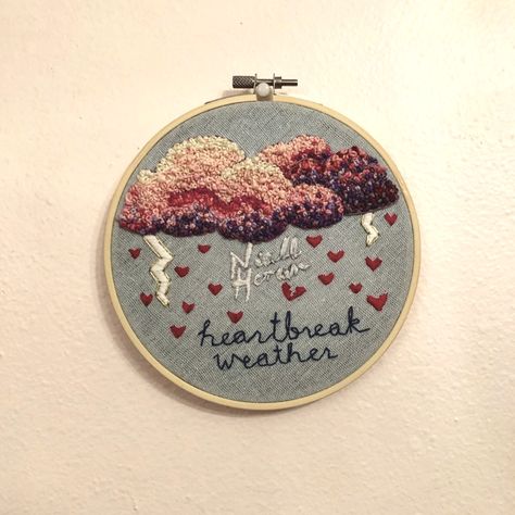 Niall Horan Embroidery, Poetry Embroidery, Embroidery Clouds, Weather Embroidery, Clouds Embroidery, Cloud Embroidery, Embroider Ideas, Embroidery Artwork, French Knot Stitch