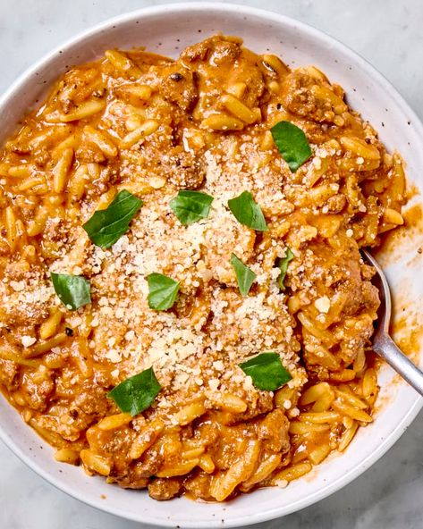 Creamy One-Pot Beef Orzo Recipe | The Kitchn Beef Orzo, Orzo Dishes, Creamy Orzo, Orzo Recipe, Tomato Cream Sauce, Orzo Recipes, Potted Beef, Canned Tomato Sauce, Main Courses