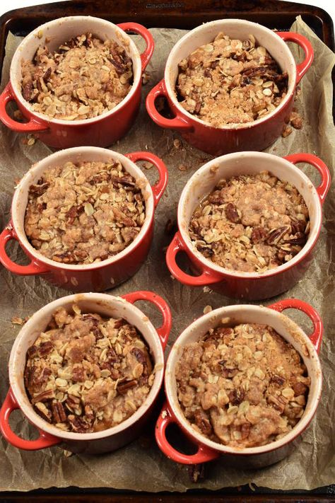 Individual Apple Crisps - Wednesday Night Cafe Apple Crumble Individual Desserts, Apple Crisp Ramekin, Apple Crisp Individual Recipe, Individual Apple Crumble Recipe, Individual Pear Crisp, Individual Baking Dish Recipes, Individual Apple Crumble, Individual Apple Desserts, Individual Apple Crisp Recipe