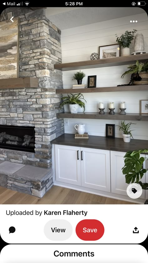 Stone Fireplace Floating Shelves, Rock Fireplace With Shelves On Side, Stone Fireplace Floor To Ceiling Wall Shelves, Tv With Fire Place And Floating Shelves On Sides, Fire Place Side Shelves, Floating Shelves Beside Fireplace, Off Center Fireplace, Lake House Living Room, Built In Electric Fireplace