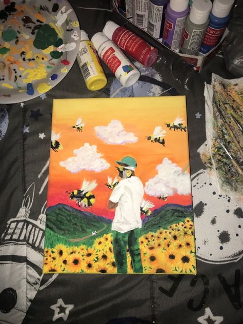 Music Album Paintings, Painting Tyler The Creator, Tyler The Creator Painting, Album Paintings, Flower Boy Album, Tyler The Creator Flower Boy, Tyler The Creator Flower, Door Drawing, Flower Boy (album)