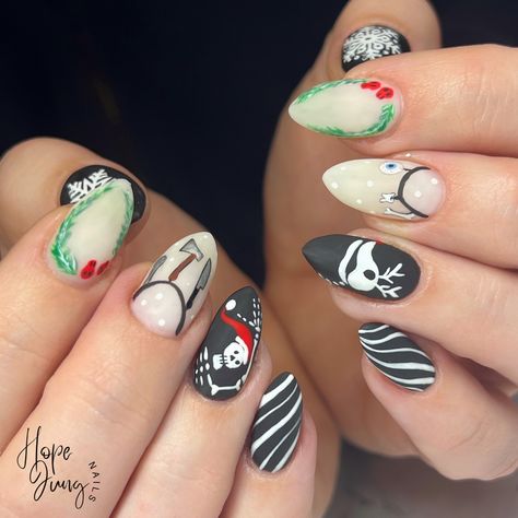 These are probably my top 10 favorite creepy Christmas nails🖤 decked out with skeletons, skull holly and morbid garland 😏 Inspo- Butcher & Blackbird @brynne_weaver Day 20 @lightelegancehq ​​​​​​​​ ​​​​​​​​ #lightelegancegel #lightelegance #lefaves #lerocks #holidayseason #holidaynails #christmas #christmasnails #lebuttercreams #spookychristmas #creepmas #nailart #handpainted #nailpro #leeducator #whatsinsidematters #nails #nailsoftheday #mke #mkenails #mkesalon #leeducator #mkexplore #al... Gothic Thanksgiving Nails, Witchy Christmas Nails, Creepmas Nails, Horror Christmas Nails, Emo Christmas Nails, Gothmas Nails, Christmas Goth Nails, Creepy Christmas Nails, Krampus Nails