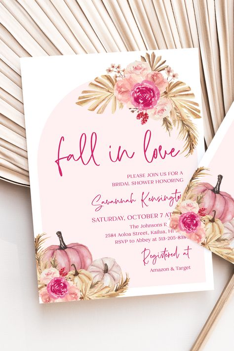 Fall in Love Bridal Shower Invitation, Arch Boho Pink Pumpkin Bridal Shower Invite, Fall Bridal Shower, Editable Autumn Bridal Shower F2 Pink Fall Bridal Shower Ideas, Autumn Bridal Shower, Fall In Love Bridal Shower, Romantic Bridal Shower, Fall Bridal Shower Invites, Bohemian Bridal Shower, Autumn Bridal, Pink Fall, Bridal Shower Inspiration