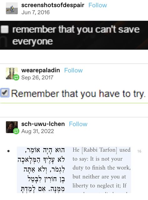 A screenshot of a Tumblr thread: The first post is an image of an unchecked box that reads: remember that you can't save everyone. They next post is a checked box that reads: Remember that you have to try. The last post is a side by side translation from what appears to be Hebrew and English, which reads: He [Rabbi Tarfon] used to say: IT is not your duty to finish the work, but neither are you at liberty to neglect it. Its Rotten Work Not To Me Not If Its You, You Can't Save Everyone, You Saved Everyone But Who Save You, Tumblr Poem, Quotes From Tumblr, Poem Quotes, Last Post, Life Advice, Poetry Quotes