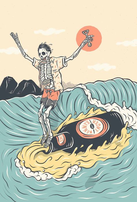 Kentaro Yoshida: Surf Artist Spotlight - | GetFoamie.com Surf Drawing, Images Pop Art, Skeleton Artwork, Style Surf, Skeleton Illustration, Surf Design, Skate Art, Skeleton Art, Seni 3d