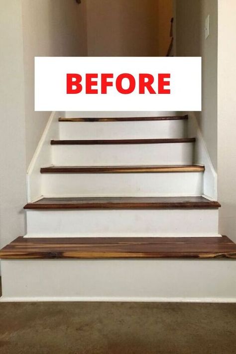 Give your boring builder grade stairs an easy update with this cheap stair upgrade idea. Quick and easy stair makeover idea to decorate on a budget. Stair Upgrade, Stairs Remodeling, Stairs Upgrade, Diy Stairs Makeover, Remodeling Hacks, Stairs Makeover Ideas, Stairs Decor, Stairs Renovation, Simple Bed Frame