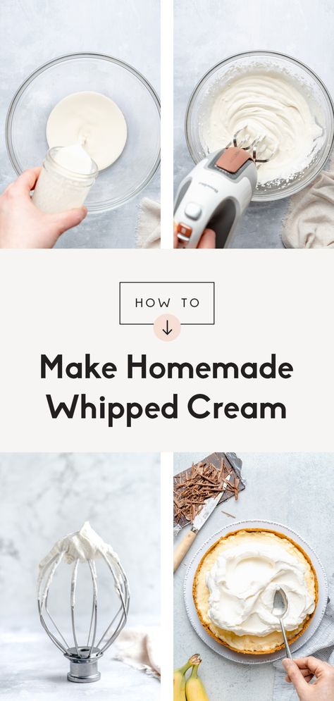 Learn how to make whipped cream that's perfectly sweet, deliciously fluffy, and made with just 3 ingredients! This easy homemade whipped cream recipe makes the best topping for hot chocolate, pies, waffles, and more. Options to add different flavors for a festive twist! #howto #kitchenhack #whippedcream #dessert Homemade Whipped Cream With Heavy Cream, How To Make Homemade Whipped Cream, How To Make Whipped Cream, Homemade Whipped Cream Easy, Home Made Whipped Cream, Whip Cream Recipe, Whipping Cream Recipe, Whipped Topping Recipe, Wipped Cream