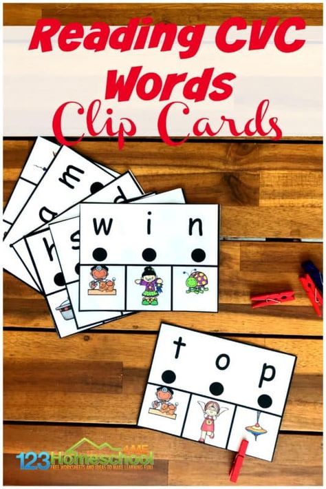 FREE Reading CVC Words Clip Cards  - If you are looking for a fun way to help kids being Reading CVC Words, you will will love this free printable activity for kindergartners! #cvcwords #kindergarten #reading Cvc Word Activities Free, Free Cvc Activities, Free Cvc Printables, 123homeschool4me Free Printable, Ccvc Words Activities Free, Cvc Clip Cards Free, Cvc Word Activities Free Printable Short A, Decoding Cvc Words Kindergarten, Reading Cvc Words Kindergarten