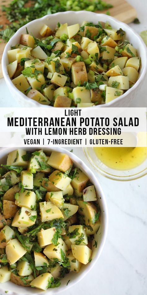 Olive Oil Potato Salad, Mediterranean Potato Salad, Mediterranean Tofu, Vegan Mediterranean Recipes, Tofu Egg Salad, Lemon Herb Dressing, Potato Salad Vegan, Traditional Potato Salad, Vegan Mediterranean