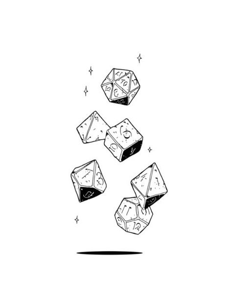 Dragon And Dice Tattoo, Dice Set Tattoo, Dungeon And Dragons Tattoo Ideas, Dnd Doodle Art, Small D20 Tattoo, D D Dice Art, Minimalist Dnd Tattoo, D20 Dice Drawing, Polyhedral Dice Tattoo