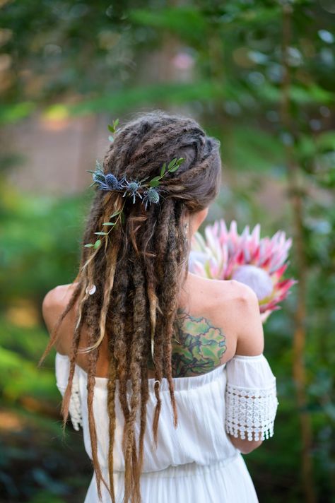 My wedding do.  #dreads #dreadlocks #thistles #protea #treetattoo #bohobride Wedding Hair For Dreads Dreadlock Styles, Dreadlock Wedding Hairstyles White, Bridal Hair Dreadlocks, Dreadlock Wedding Styles, Bride Dreadlocks Wedding Styles, Dreadlock Hairstyles Wedding, Wedding Hair Dreadlocks, Dreads Wedding Hairstyles Dreadlocks, Dread Lock Wedding Hairstyles