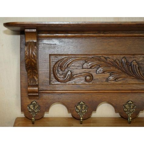 Heavily carved Dutch oak wall hanging coat hat and scarf rack with French Romantic couples head gold gilt brass hooks. A very good looking well made and decorative coat wall rack, I have seen these used in hallways, bathrooms, studys, attached to the sides of furniture and even in kitchens to hang utensils from, it is a very well made utilitarian piece. The condition is excellent, we have cleaned waxed and polished the timber from top to bottom, the gilt brass hooks have nicely aged and have a w Antique Coat Rack, French Vintage Kitchen, Coat Wall, Scarf Rack, Oak Wall, Brass Hooks, Hook Rack, Wall Rack, Brass Hook