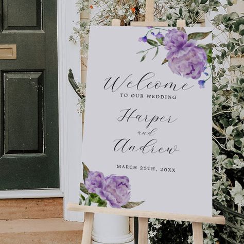 $56.00 | Purple Floral Wedding Welcome Sign #wedding welcome sign, floral wedding sign, wedding decoration, wedding decor, botanical, purple flowers, elegant, summer, watercolor greenery, spring Purple Wedding Card, Wedding Card Decorations, Purple Floral Wedding, Floral Wedding Sign, Elegant Floral Wedding, Purple Peony, Welcome Sign Wedding, Summer Watercolor, Purple Peonies