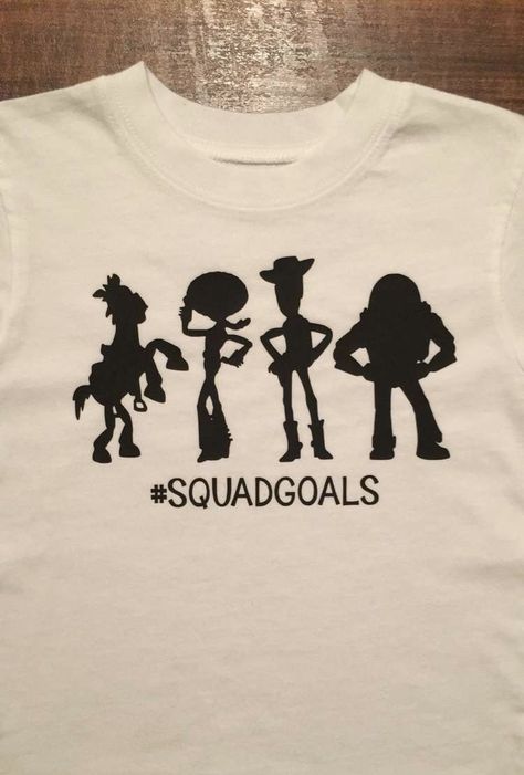 Toy Story Squadgoals HTV Shirts by KlbenneDesigns Toy Story Shirt Ideas, Character Silhouette, Htv Shirts, Cricut Disney, Disney Shirts For Men, Disney Trip Shirts, Toy Story Shirt, Diy Disney Shirts, Womens Disney Shirts