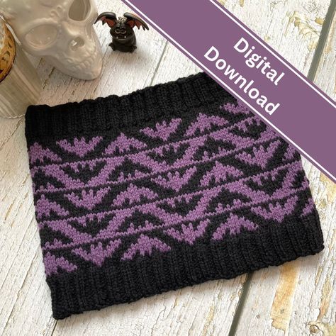 A knitting pattern for a beautiful gothic themed bat cowl, ideal to knit as gifts. An aran / worsted cowl, inspired by traditional Norwegian knitting charts. Host means Autumn / Fall in Norwegian. This pattern is knit in Sport / Aran / Worsted weight yarn to a gauge of 24 sts and 26 rows = 4 inches / 10cm in colourwork in the round. Finished measurements are 23 inches / 58.5 cms in circumference, 8.5 inches / 21.5 cms high.  Yardage approx: Main Colour -  45g (259m / 283y) in Holst Supersoft Con Bat Knitting Pattern, Alternative Knitting Patterns, Gothic Knitting Patterns, Goth Knitting, Halloween Knitting, Stranded Knitting Patterns, Fair Isle Chart, Norwegian Knitting, Cowl Knitting