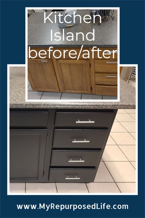 Diy Black Kitchen, Remove Cabinet Doors, Kitchen Island Cabinet, Island Cabinet, Painted Kitchen Island, Massive Kitchen, Cabinet Makeover Diy, Cabinet Island, Heirloom Traditions Paint