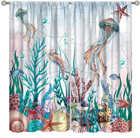 PRICES MAY VARY. 100% Polyester Item Includes: 2 decorative window curtain panels. Each panel measures 27.5" (W) x 63" (L). The pair of 2 panels together measures 55" (W) x 63" (L). The panels have a 4" rod pocket designed to fit a standard curtain or decorative rod. Function: The coastal window drapes can impede 80% light and UV rays.The starfish curtains enables you to enjoy the beautiful scenery outside the window and prevent people from seeing your indoor room directly. Perfect for Home Deco Ocean Themed Bathroom Shower Curtains, Coastal Theme Bathroom, Turtle Bathroom, Nautical Shower Curtain, Ocean Shower Curtain, Ocean Bathroom, Animal Shower Curtain, Bathroom Shower Curtain Sets, Blue Shower Curtains