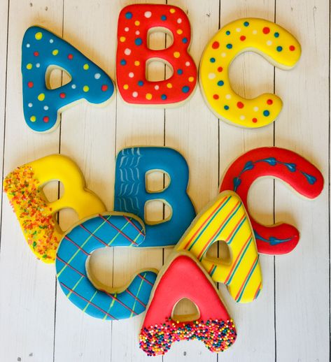 Abc Cookies, School Cookies, Abc Party, Alphabet Cookies, Third Birthday Party, School Treats, Second Birthday, Third Birthday, Icing Cookies