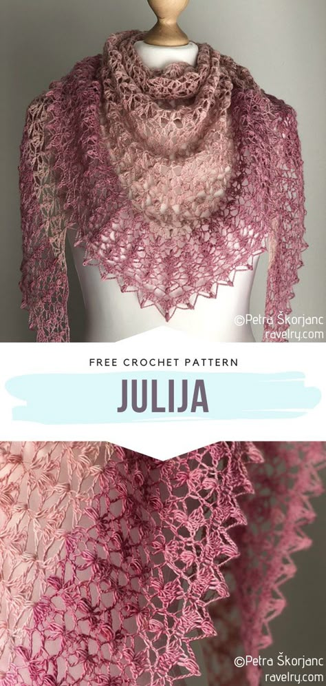 Julija Free Crochet Pattern This is a pattern for crocheting romantics! We are all in the mood for something delicate, feminine and elegant sometimes, aren't we? Especially at the beginning of spring! #lacycrochetshawl #crochetshawl #crochetlace #crochetwrap #freecrochetpattern Lace Shawl Pattern, Crochet Lace Scarf, Crochet Shawl Free, Crocheted Shawl, Crochet Lace Shawl, Crochet Shawl Pattern Free, Crochet Lace Pattern, Crochet Shawls And Wraps, Pattern Knitting