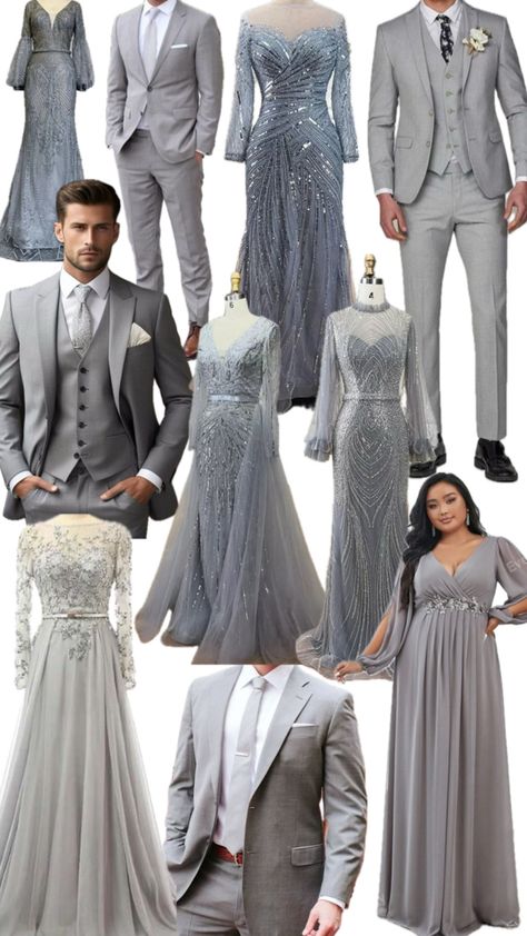 Attire is formal. Gray long gown for women and Suit for men Principal Sponsors Gown, Long Gown For Women, Formal Attire Women, Gown For Women, Suit For Men, Star Wedding, Formal Attire, Long Gown, Mens Suits